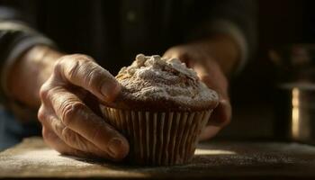 frisch gebacken hausgemacht Muffin gehaltenen durch Erwachsene Hand im Küche generiert durch ai foto
