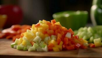 frisch gehackt organisch Gemüse zum ein beschwingt multi farbig Salat generiert durch ai foto