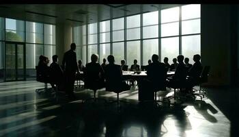 korporativ Geschäft Diskussion im ein modern Tafel Zimmer mit Zusammenarbeit generiert durch ai foto