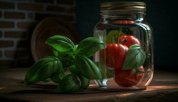 frisch organisch Vegetarier Mahlzeit auf rustikal hölzern Tabelle mit Grün Pflanze generiert durch ai foto