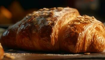 frisch gebacken Gourmet Croissant auf rustikal hölzern Schneiden Tafel generiert durch ai foto