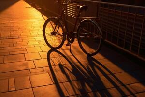 Schatten von Fahrrad beim golden Stunde im Hamburg. ai generativ foto