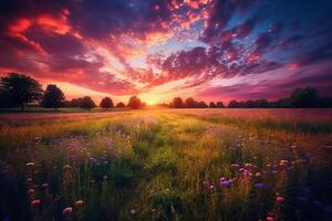 Sonnenuntergang Über ein Feld mit Natur. ai generativ foto