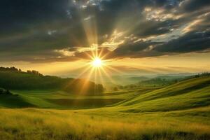 das Sonne steigt an Über ein Hang mit grasig Felder und ein Bereich mit ein hügel. ai generativ foto