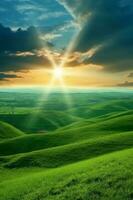 das Sonne steigt an Über ein Hang mit grasig Felder und ein Bereich mit ein hügel. ai generativ foto