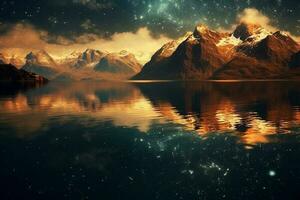golden Fantasie sternenklar Himmel beim Nacht, hoch aufragend Berge, klar funkelnd See Oberfläche. ai generativ foto