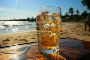 eiskalt Bier im Glas auf ein Strand. ai generativ foto