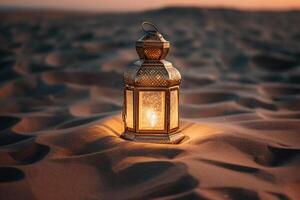 ein Laterne, umgeben durch Sand. ai generativ foto