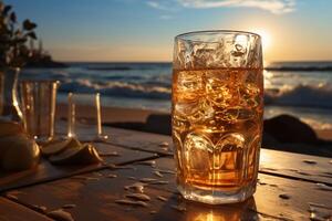 eiskalt Bier im Glas auf ein Strand. ai generativ foto