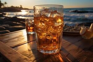 eiskalt Bier im Glas auf ein Strand. ai generativ foto