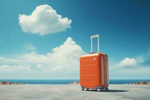Orange Koffer im das Himmel Reise und Ferien Konzept foto