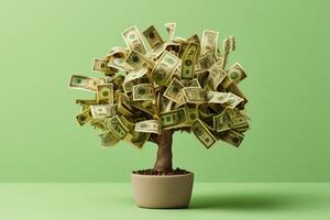 Geld Baum mit Dollar stattdessen von Blätter auf ein hellgrün leeren Hintergrund. ai generativ foto