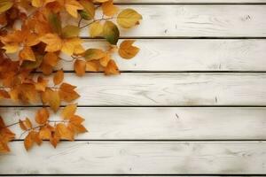 schön Laub, Herbst Stimmung, das Laub Lügen auf ein Weiß hölzern Tisch. ai generativ foto