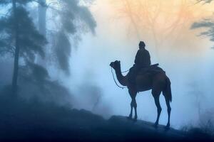 Soldat auf ein Kamel, nebelig Bereich, Silhouette. ai generativ foto