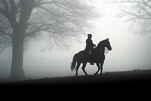 Soldat auf ein Pferd, nebelig Bereich, Silhouette. ai generativ foto