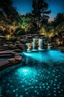 enorm Schwimmen Schwimmbad mit Beleuchtung und ein Wasserfall, im das Stil von Licht Smaragd und dunkel braun, Natur inspiriert, Manapunk, marmoriert, gerundet, Aluminium, Traumacore. ai generativ foto