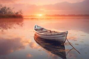 Weiß Reihe Boot auf Körper von Wasser, Sonnenuntergang im das zurück, Rose Gold Himmel. ai generativ foto