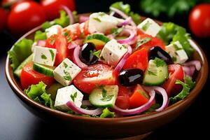 griechisch Salat beschwingt Farben hell Sommer- Foto hyper realistisch hoch Definition scharf. ai generativ