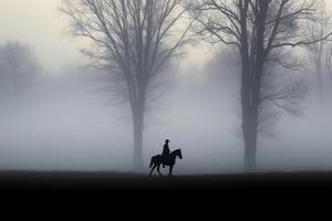 Soldat auf ein Pferd, nebelig Bereich, Silhouette. ai generativ foto