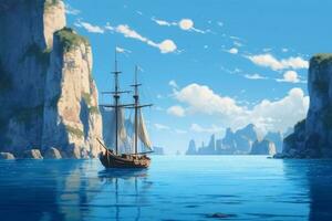 Illustration Über schön Mittelmeer Landschaft angesehen von ein Boot Segeln im Süd- von Italien. ai generativ foto