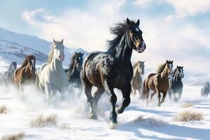 Pferde galoppierend frei durch ein schneebedeckt Landschaft. ai generativ foto