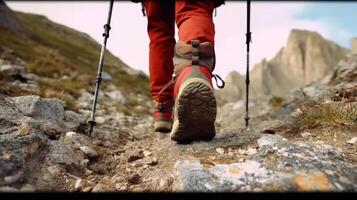 Fokus auf Schuhe von Zuschneiden nicht erkannt Wanderer Gruppe von Freund mit Trekking Stöcke klettert steil auf Berg Pfad. generativ ai foto
