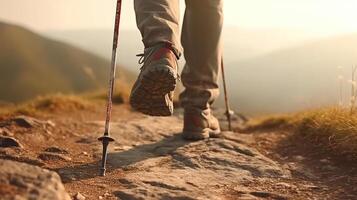 Fokus auf Schuhe von Zuschneiden nicht erkannt Wanderer Gruppe von Freund mit Trekking Stöcke klettert steil auf Berg Pfad. generativ ai foto