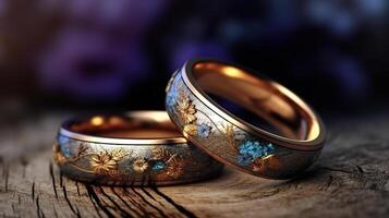 Paar Hochzeit Ringe auf Holz mit klein Blumen. generativ ai foto