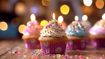 Geburtstag Cupcakes mit verwischen Hintergrund bunt Luftballons. generativ ai foto