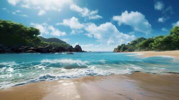 ein romantisch Strand mit sonnig Blau Himmel im Standard Stil. generativ ai foto