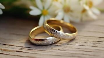 Paar Hochzeit Ringe auf Holz mit klein Blumen. generativ ai foto