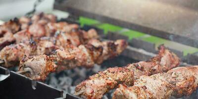 Schweinefleisch ist gekocht im Gewürze auf das Grill. gebraten Fleisch, Schaschlik Kebab. foto