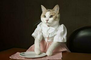 ai generiert Porträt von Katze tragen Maid Outfit. foto