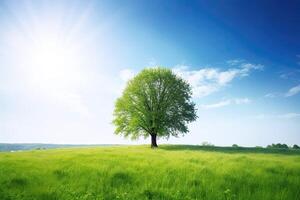 ai generiert majestätisch Baum im das Mitte von ein üppig Wiese mit ein klar Blau Himmel über. Aquarell Gemälde foto