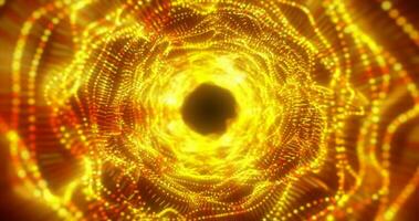 abstrakt Gelb Energie Tunnel gemacht von Partikel und ein Gitter von Hightech Linien mit ein glühend Hintergrund bewirken foto