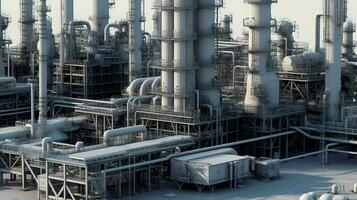 groß industriell Öl Raffinerie petrochemisch Pflanze mit Ausrüstung und Rohre. ai generiert foto