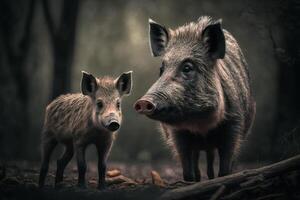 wild Eber mit Jungtier im natürlich Lebensraum. generativ ai foto