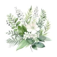 Aquarell Blumen- Komposition. Hand gemalt Weiß Blumen, Wald Blätter von Farn, Eukalyptus, Schleierkraut. Grün Strauß isoliert auf Weiß Hintergrund , erzeugen ai foto