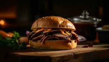 gegrillt Rindfleisch Burger auf rustikal Brot Brötchen generiert durch ai foto