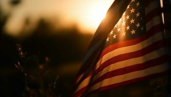 amerikanisch Flagge winken im Sonnenuntergang, symbolisieren Freiheit generiert durch ai foto