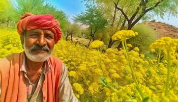 lächelnd Senior Farmer im traditionell Turban, umgeben durch beschwingt Natur generiert durch ai foto