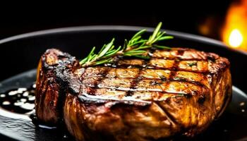 saftig gegrillt Steak, gekocht zu Perfektion, bereit zu Essen auf Teller generiert durch ai foto