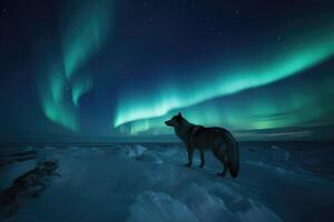 ai generiert gefroren Tundra beim Nacht, mit ein Tanzen Aurora Borealis leuchten das Himmel und ein Wolf Heulen im das Distanz. foto