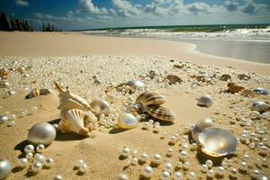 ai generiert das schimmernd Perlen wurden verstreut mögen Juwelen auf das sandig Ozean Boden. foto