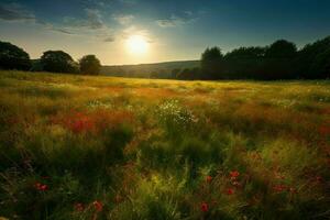 ai generiert das von der Sonne geküsst Wiese gedehnt wie weit wie das Auge könnte sehen im diese magisch Land. foto