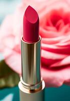 Rosa Lippenstift im ein golden Tube und Blühen Rose Blume, Schönheit kosmetisch und bilden Produkt, generativ ai foto