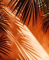 tropisch Hintergrund zum ein Produkt Platzierung, Palme Baum Blätter und Sonnenlicht Schatten auf das Wand, minimalistisch botanisch Hintergrund, Palmen auf ein heiß sonnig Tag, generativ ai foto