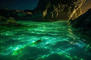 ai generiert im diese mystisch Reich, das Wasser funkelte mit ein jenseitig glühen. foto