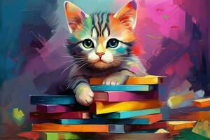 ai generiert bezaubernd Kätzchen Sitzung auf ein Stapel von Bücher im Vorderseite von ein bunt abstrakt Hintergrund mit ein verträumt Ausdruck auf es ist Gesicht. Illustration Karikatur. foto