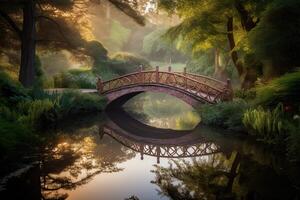 ai generiert das Märchen Brücke LED über das still Teich zu ein Welt von Wunder. foto